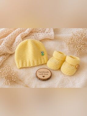 Handmade Yellow Knit Baby Hat & Booties Set